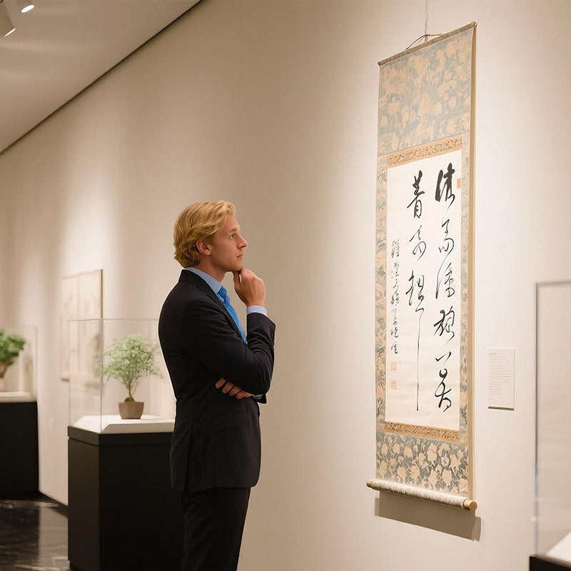 Chinese calligraphy works are hanging in the international exhibition hall, attracting a hobbyist to stop and appreciate.