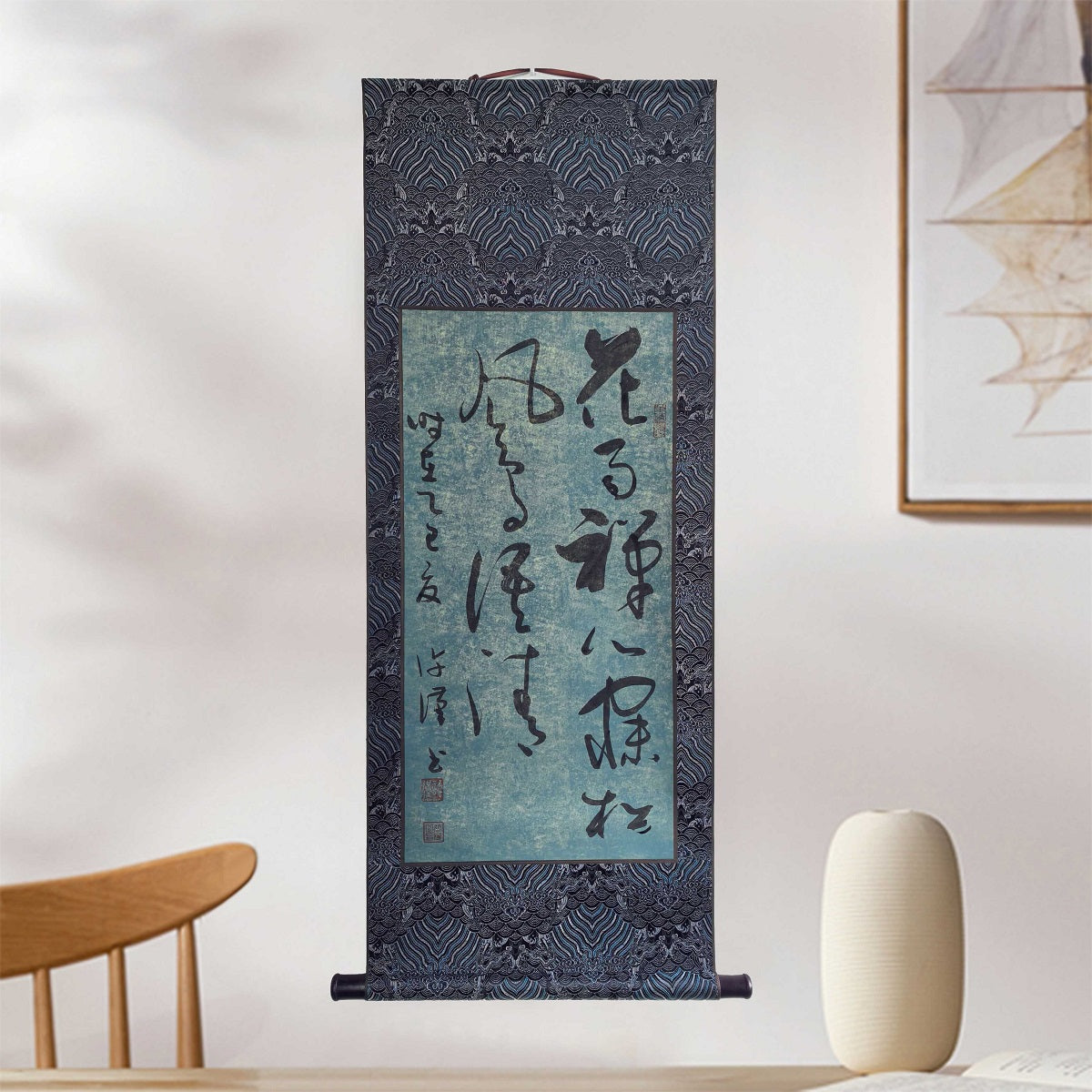 Display image of the hanging effect of Chinese calligraphy scroll works.