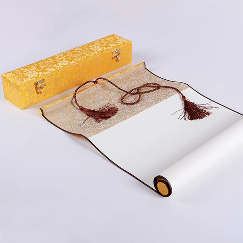 A blank scroll used for writing calligraphy works, with a scroll packaging box placed next to it.